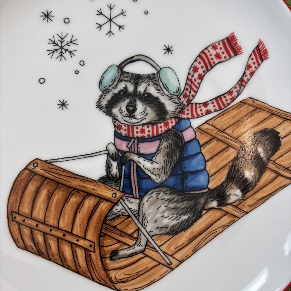 West Elm 2020 Rachel Kozlowski Christmas Dapper Animal Racoon Salad Plate 8.5" - Picture 2 of 7